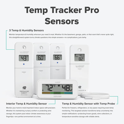image of the Temp Tracker alert and monitoring system offers the ability to monitor multiple areas of your home inside and out with 3 temp and humidity sensors, a temperature probe cable sensor, and an decorative indoor temp and humidity display with comfort meter, all sensors work with the Bridge gateway and the La Crosse View app with additional feature text