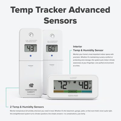 image of the Temp Tracker alert and monitoring system offers the ability to monitor multiple areas of your home inside and out with 2 temp andhumidity sensors and an decorative indoor temp and humidity display with comfort meter the sensors work with the Bridge gateway and the La Crosse View app with additinal feature text