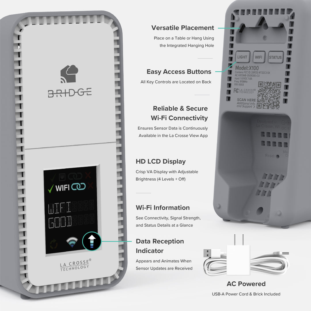 Angled front view and back view of a white and gray La Crosse Technology alert and monitoring system Bridge gateway showing the hanging key hole the function buttons and QR code with feature call outs