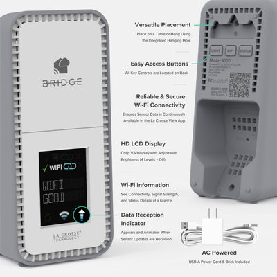 Angled front view and back view of a white and gray La Crosse Technology alert and monitoring system Bridge gateway showing the hanging key hole the function buttons and QR code with feature call outs