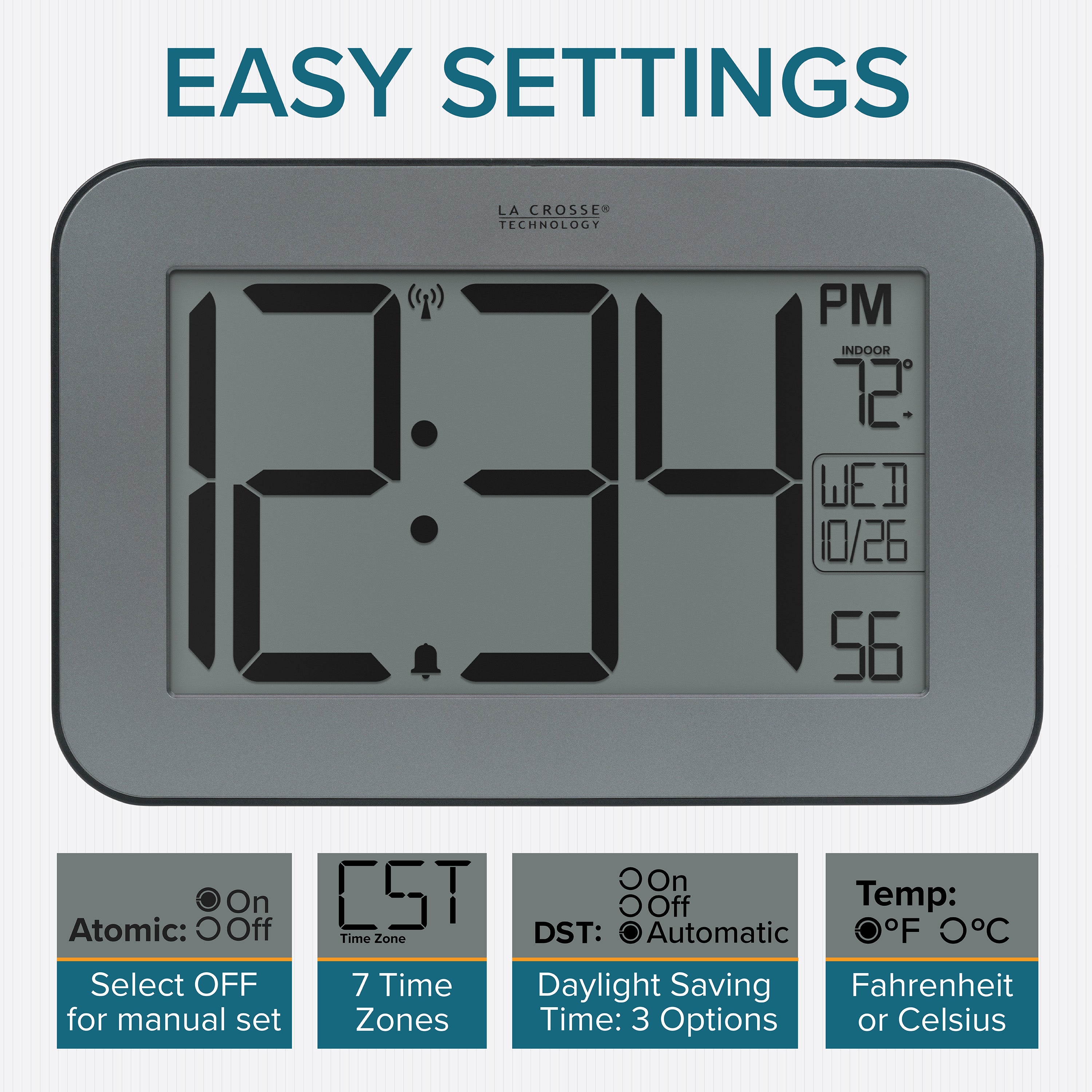 Atomic Digital Wall Clock | 4-Inch Digit Display Clocks | La