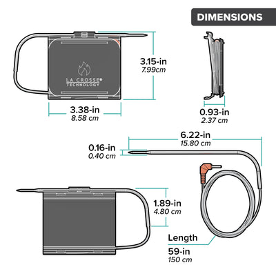 Drawing of the dimensions of the LTV-BBQ1 dual temp probes that work with the sensor display, the sensor is used for smoking and grilling meats, this drawing indicates the size of the cable wire bracket system and the length of the actual probe wire