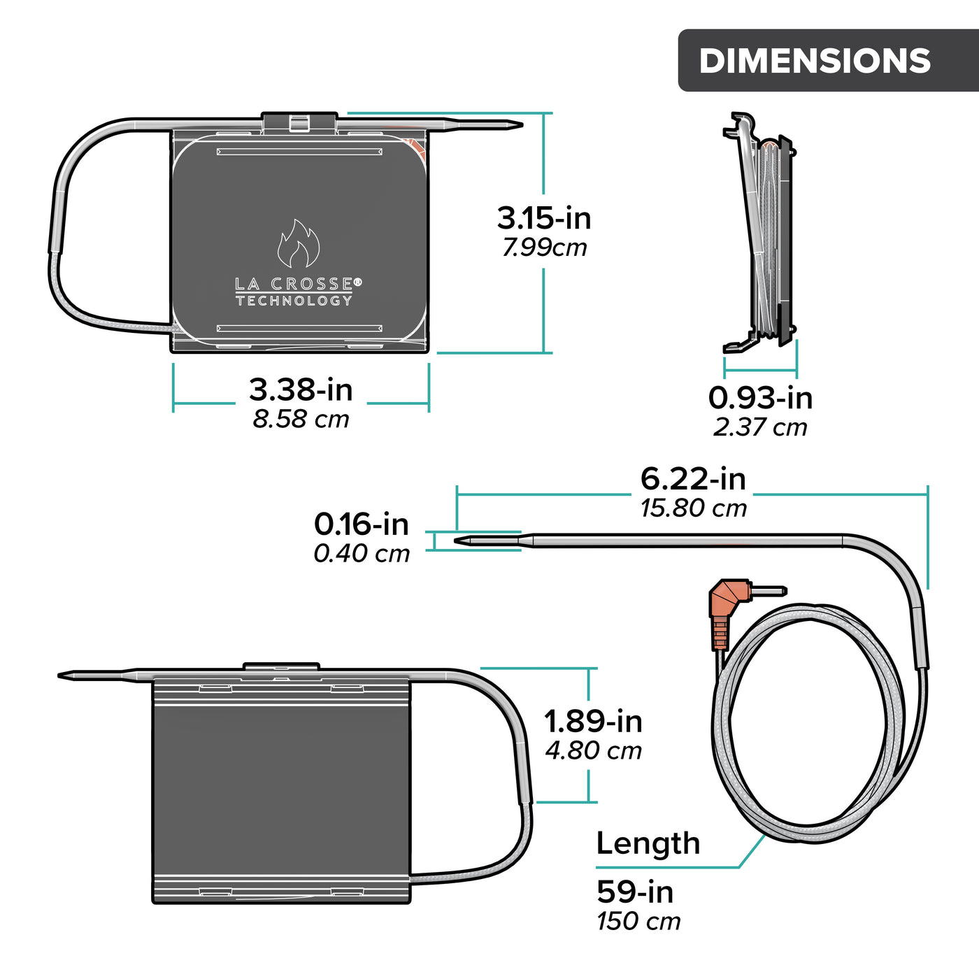 Drawing of the dimensions of the LTV-BBQ1 dual temp probes that work with the sensor display, the sensor is used for smoking and grilling meats, this drawing indicates the size of the cable wire bracket system and the length of the actual probe wire