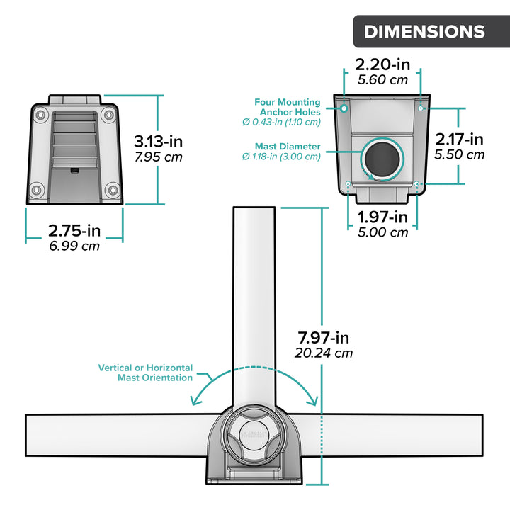 Drawing of the components of a wind sensor mounting bracket system showing a top view, side view, and versatile positioning of the arm with dimensions in inches and centimeters