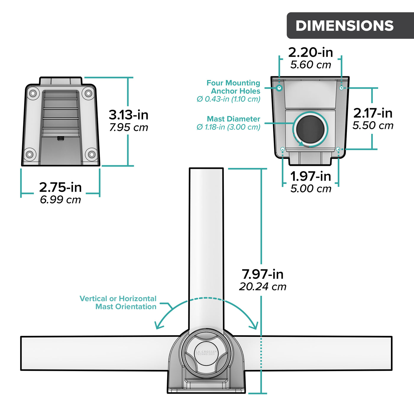 Drawing of the components of a wind sensor mounting bracket system showing a top view, side view, and versatile positioning of the arm with dimensions in inches and centimeters