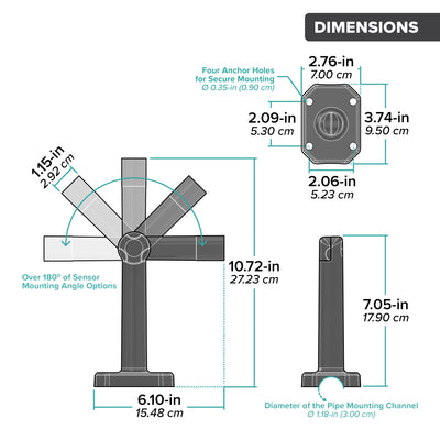 Drawing of the components of a wind sensor mounting bracket system showing a top view, side view, and versatile positioning of the arm with dimensions in inches and centimeters