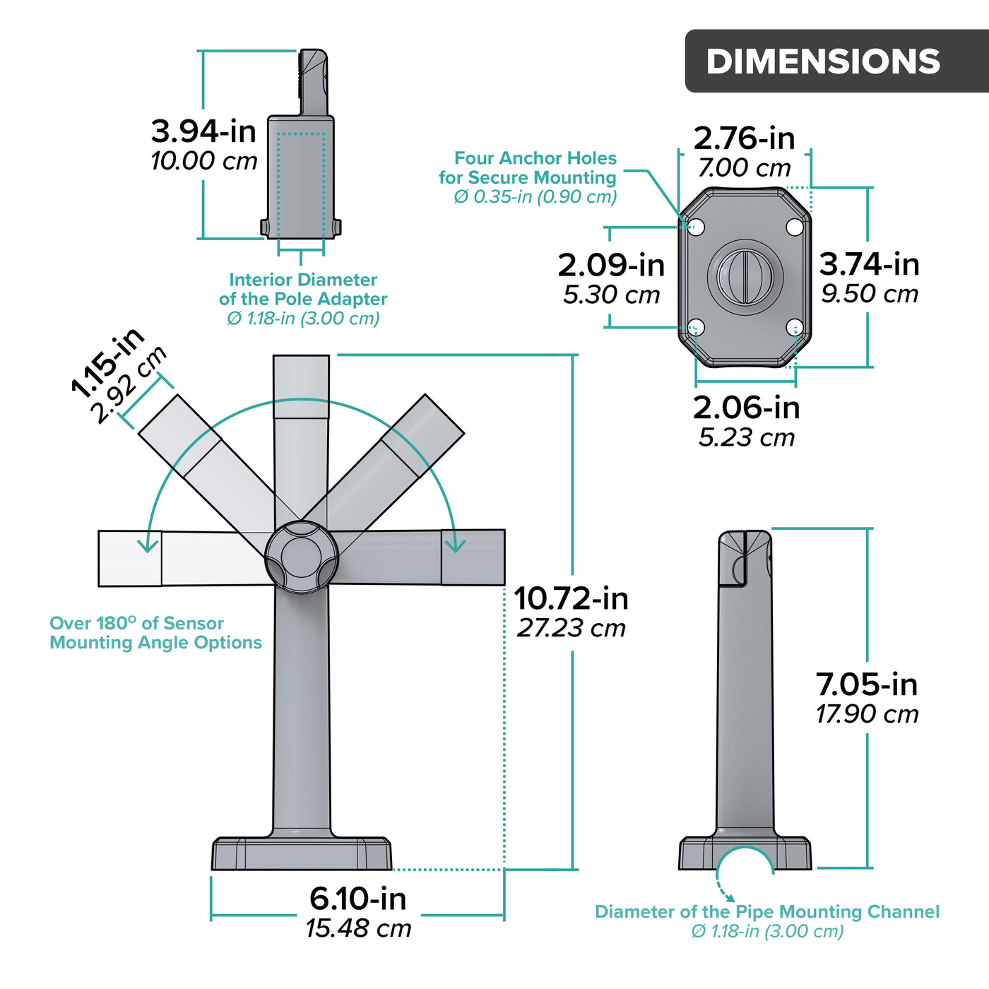 Drawing of the components of a wind sensor mounting bracket showing a top view, side view, and versatile positioning of the arm with dimensions in inches and centimeters