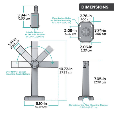 Drawing of the components of a wind sensor mounting bracket showing a top view, side view, and versatile positioning of the arm with dimensions in inches and centimeters