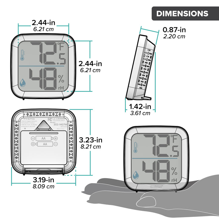 Orthographic dimension image (inches and centimeters) for the 302-1407W square battery-operated digital indoor thermometer and hygrometer with blue accent icons indicating temperature and humidity. Text shows the overall length as 3.19-inches, depth 1.42-inches, and the height as 3.23-inches. There are additional dimensions of the screen size and shown without the stand when using the built-in keyhole for hanging.