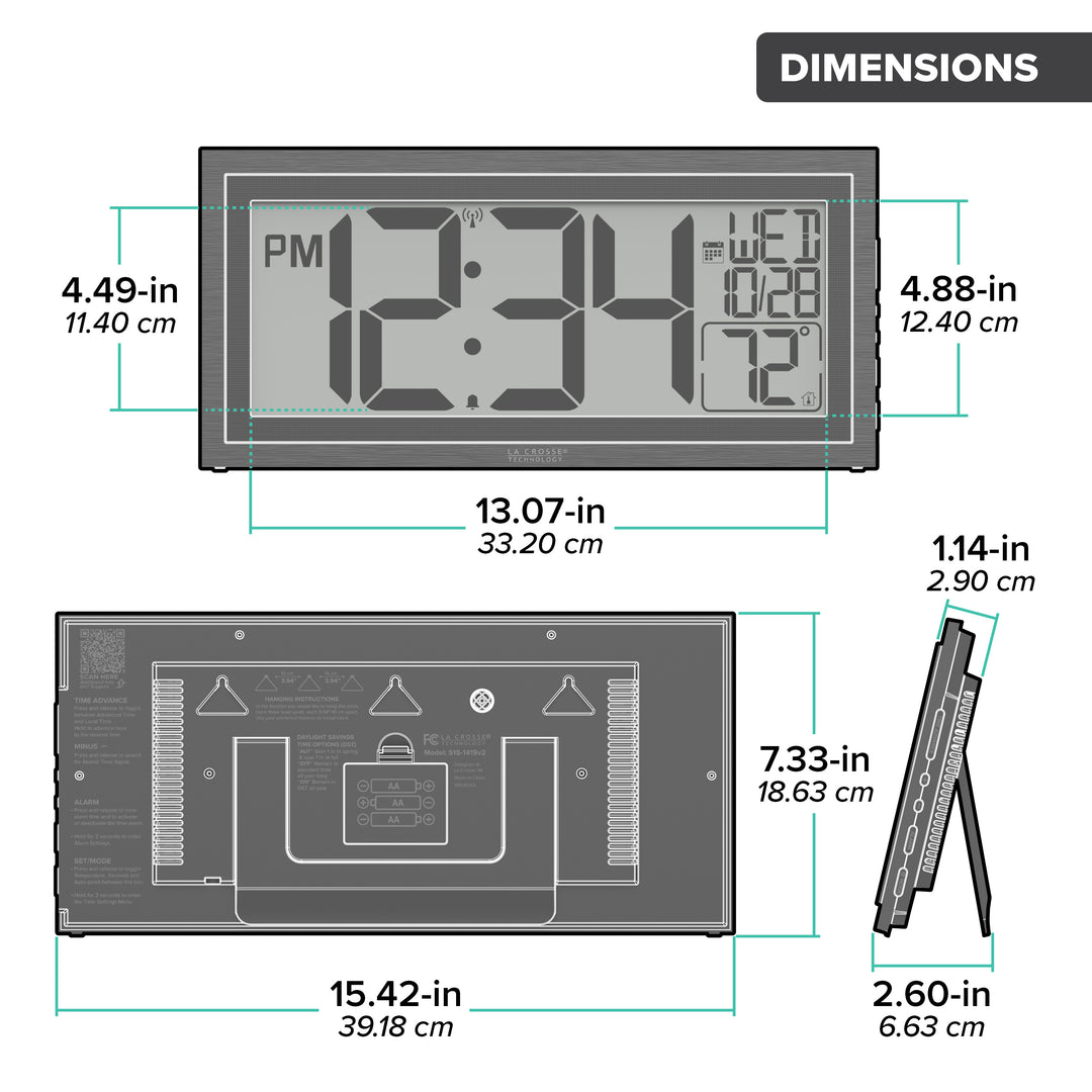 Orthographic drawing of the dimensions in inches and centimeters of the 515-1419v2 Atomic Digital Wall Clock with Time Advance. The digital wall clock is 15.42 inches long and 7.33 inches high. The clock features a dual black frame, easy-to-read 4.49-inch time digits, temperature, and a calendar.