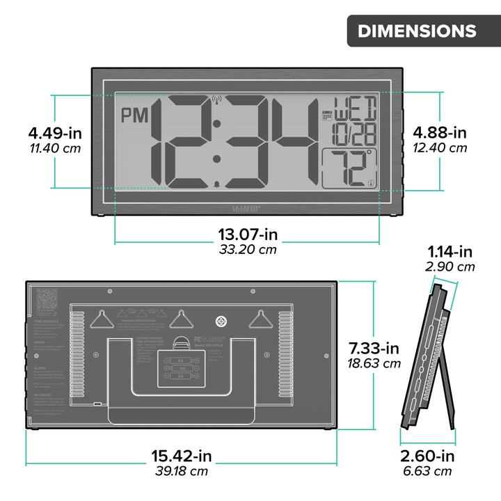 Orthographic drawing of the dimensions in inches and centimeters of the 515-1419v2 Atomic Digital Wall Clock with Time Advance. The digital wall clock is 15.42 inches long and 7.33 inches high. The clock features a dual black frame, easy-to-read 4.49-inch time digits, temperature, and a calendar.