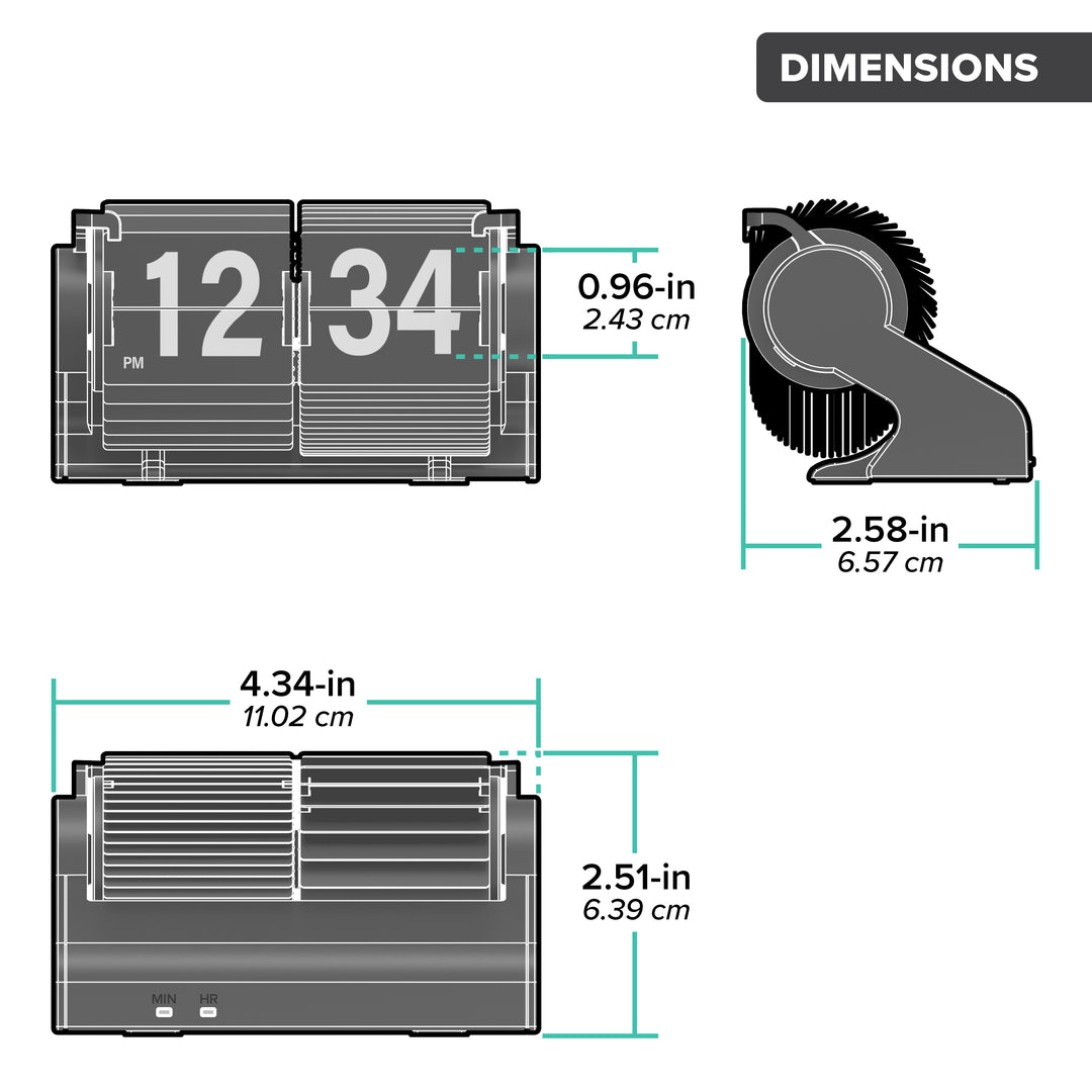 Orthographic dimension image of the 536-527B Rollins Mini Mechanical Flip Clock - Black measured in inches and centimeters. The clock measures 4.34 inches in length, 5.51 inches in height, and 2.58 inches deep.