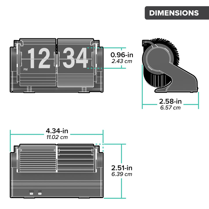 Orthographic dimension image of the 536-527B Rollins Mini Mechanical Flip Clock - Black measured in inches and centimeters. The clock measures 4.34 inches in length, 5.51 inches in height, and 2.58 inches deep.