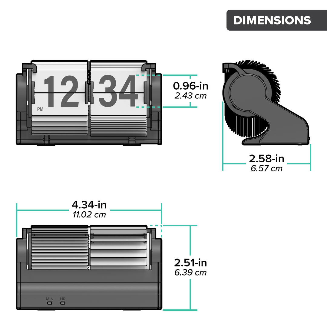 Orthographic dimension image of the 536-527W Rollins Mini Mechanical Flip Clock - White measured in inches and centimeters. The clock measures 4.34 inches in length, 5.51 inches in height, and 2.58 inches deep.