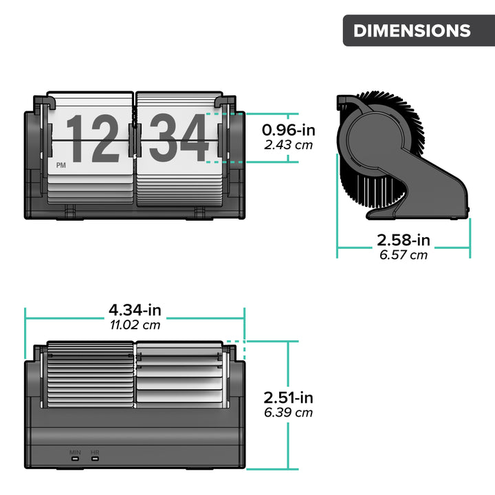 Orthographic dimension image of the 536-527W Rollins Mini Mechanical Flip Clock - White measured in inches and centimeters. The clock measures 4.34 inches in length, 5.51 inches in height, and 2.58 inches deep.