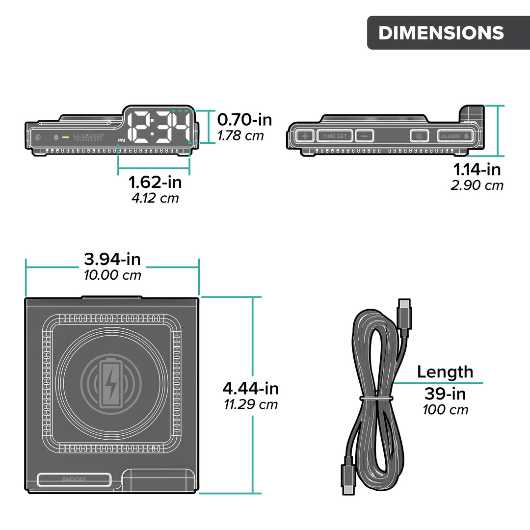 Orthographic dimensions of the 617-143 Amp Mini, listing the dimensions in inches and centimeters, with the USB-C power cord length. With a product length of 3.94-inches/10.00 cm, width of 4.44-inches/11.29 cm, height of 1.14-inches/2.90 cm and power cord length of 39-inches/100 cm.