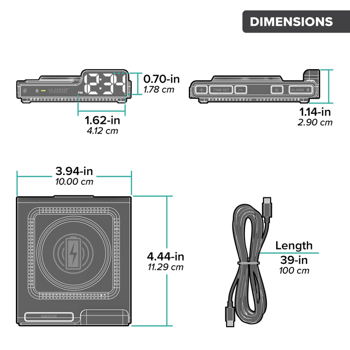 Orthographic dimensions of the 617-143 Amp Mini, listing the dimensions in inches and centimeters, with the USB-C power cord length. With a product length of 3.94-inches/10.00 cm, width of 4.44-inches/11.29 cm, height of 1.14-inches/2.90 cm and power cord length of 39-inches/100 cm.