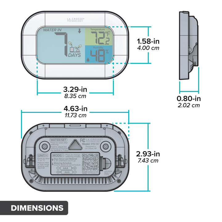 Dimensions for the 919-147 Plant Care Watering Timer with measurements in inches and centimeters height of 2.93-in and length of 4.63-in