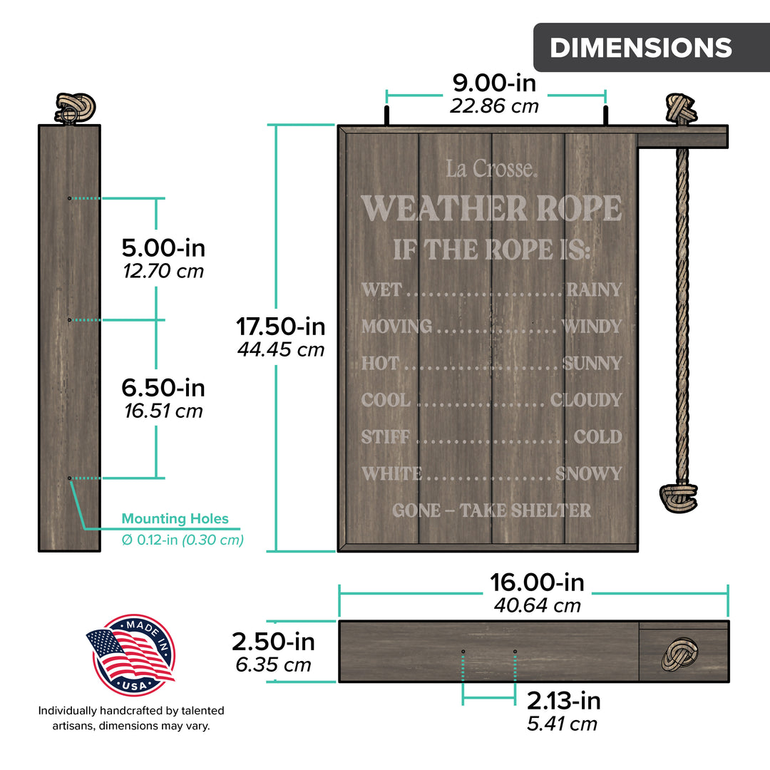 Orthographic dimension image of the 940-5645 Handcrafted Weather Rope showing the dimensions in inches and centimeters, a drawing of the weather station with an icon, Made in the USA with text, individually handcrafted by talented artisans, dimensions may vary.