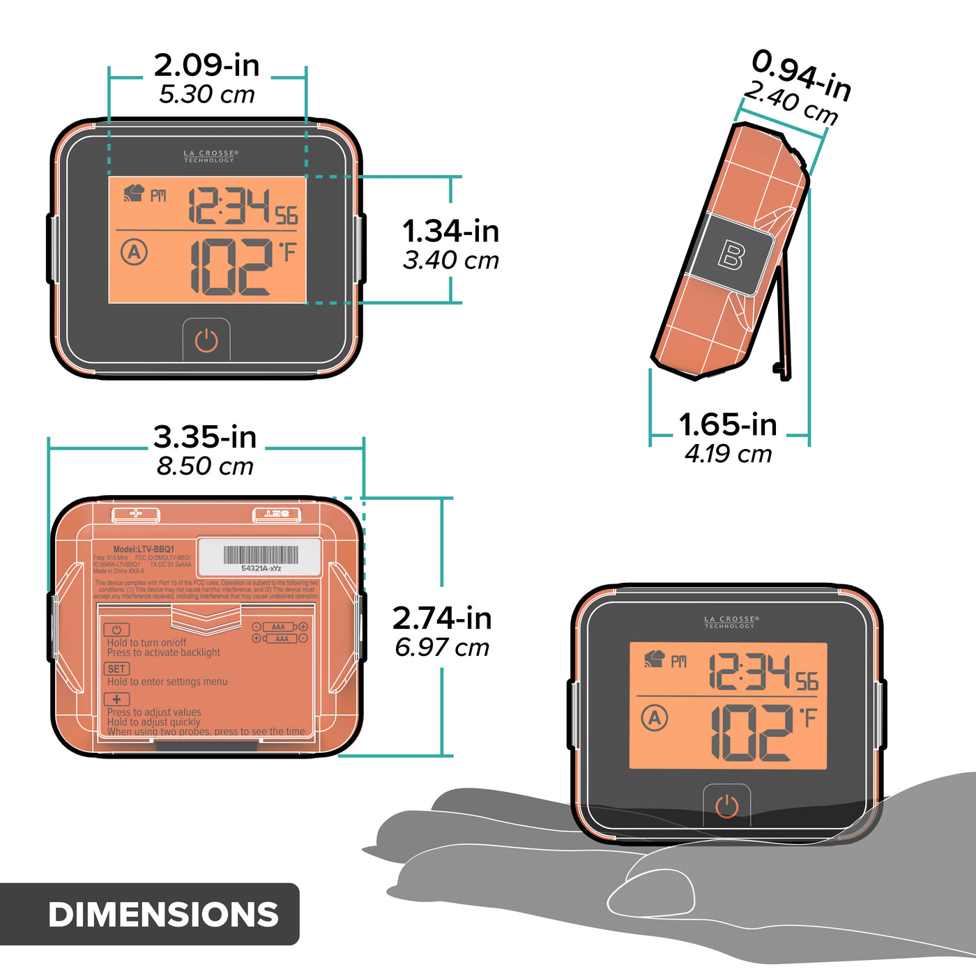 Drawing of the dimensions of the LTV-BBQ1 dual temp sensor for smoking and grilling meats shows the scale of the display the screen dimensions and the case dimensions with a profile view of the freestanding kickstand