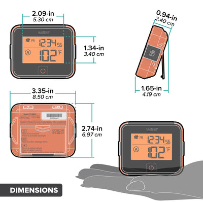 Drawing of the dimensions of the LTV-BBQ1 dual temp sensor for smoking and grilling meats shows the scale of the display the screen dimensions and the case dimensions with a profile view of the freestanding kickstand