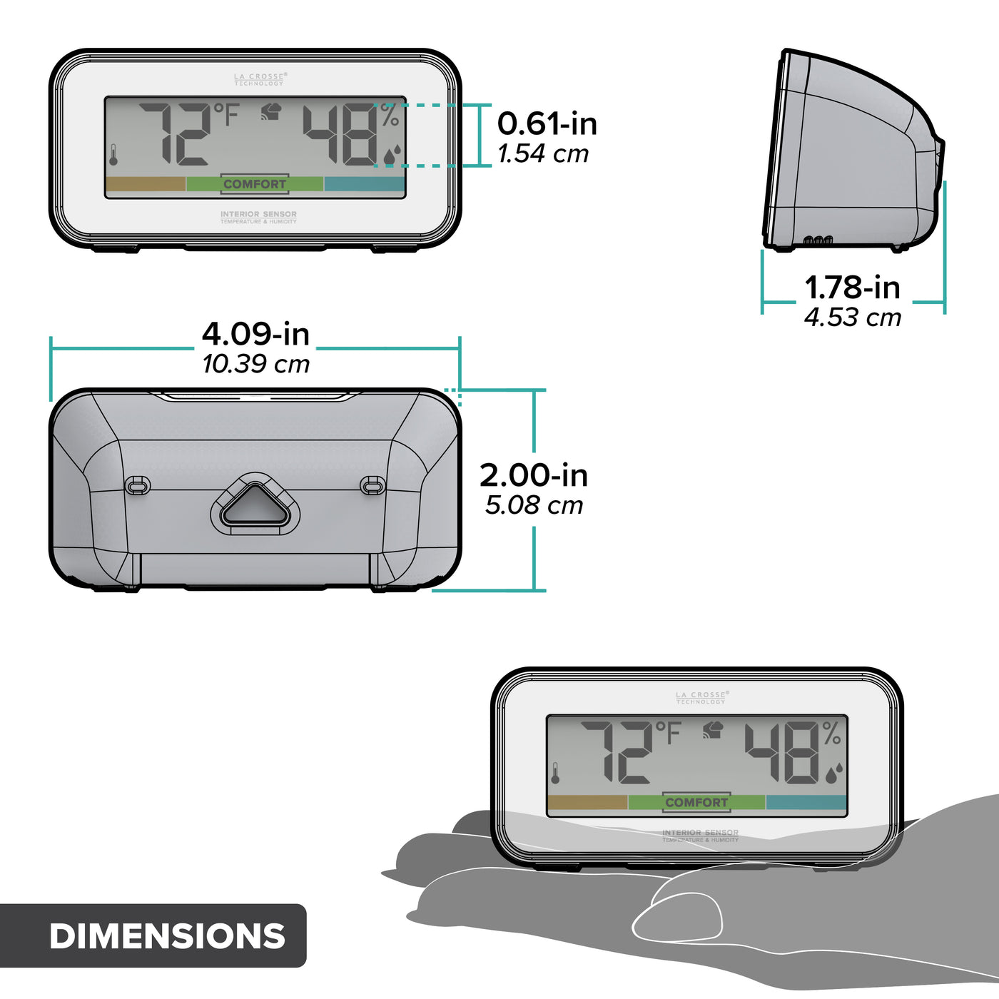 Drawing of an indoor temperature and humidity display with color comfort meter showing dimensions front view, back view, sideview and screen size in inches and centimeters