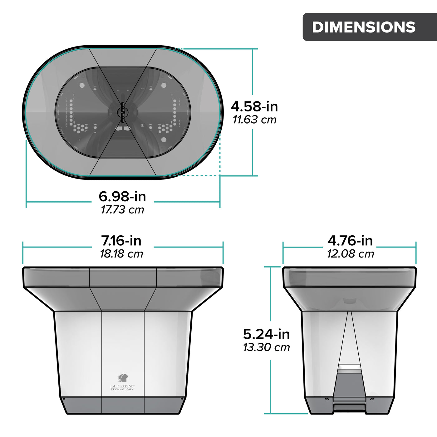 Drawing of an alert and monitoring system rain gauge sensor viewed from the front and the side with an arial view showing the rain collection bucket with dimensions in inches and centimeters