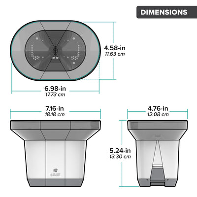 Drawing of an alert and monitoring system rain gauge sensor viewed from the front and the side with an arial view showing the rain collection bucket with dimensions in inches and centimeters