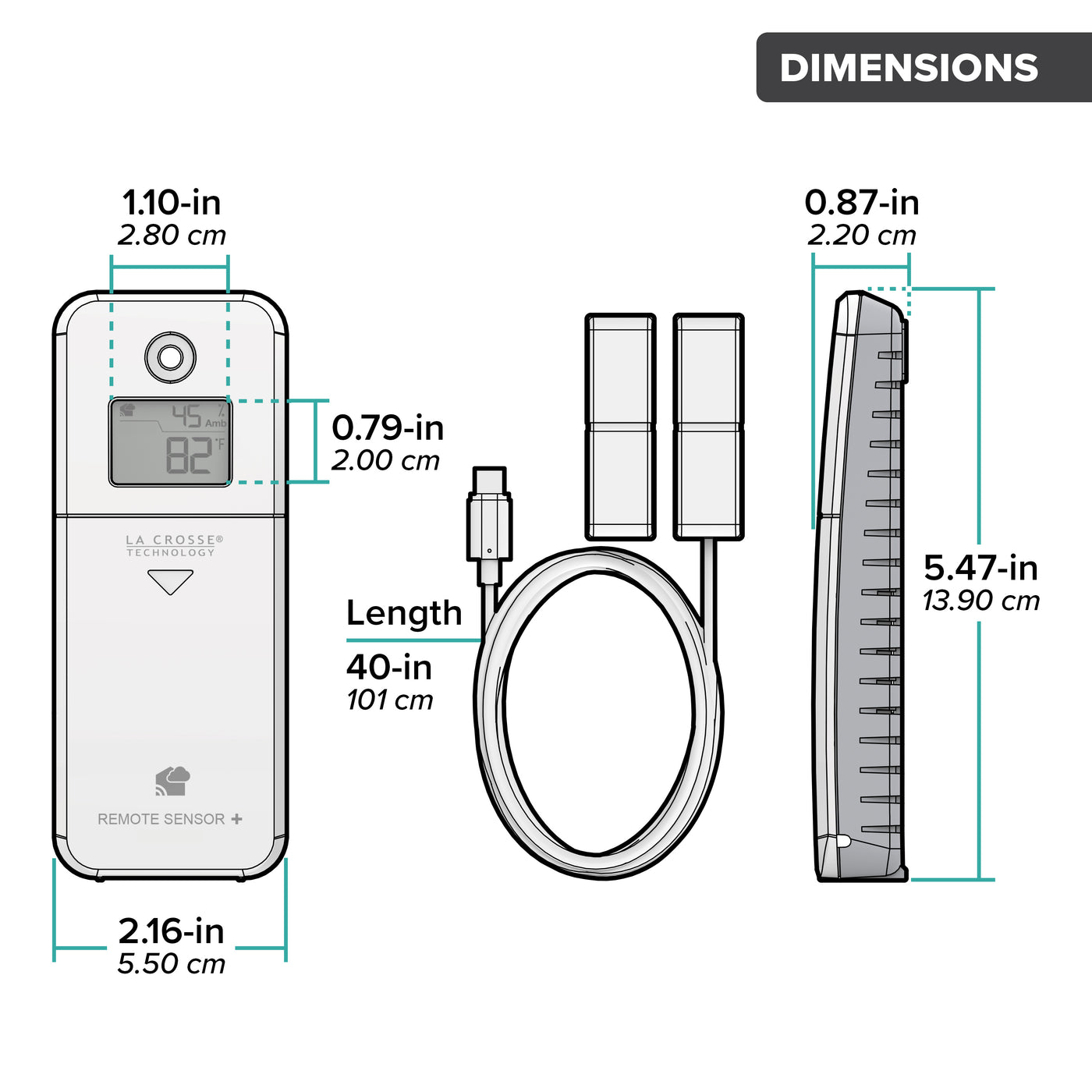 Drawing of an alert and monitoring system open closed contact sensor with ambient temperature and humidity showing a front and side view of the sensor and an arial view of the contact cable with dimensions in inches and centimeters