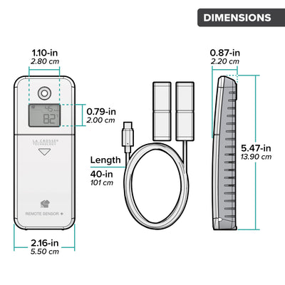 Drawing of an alert and monitoring system open closed contact sensor with ambient temperature and humidity showing a front and side view of the sensor and an arial view of the contact cable with dimensions in inches and centimeters