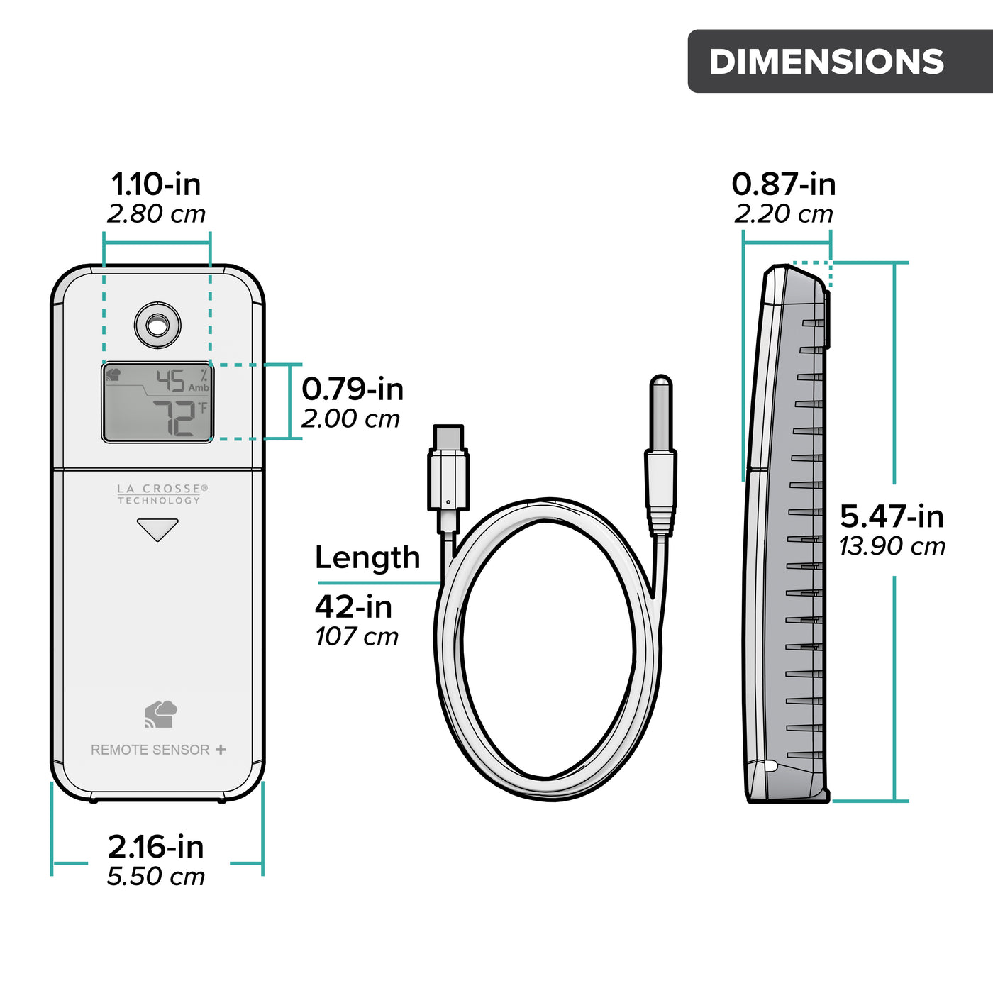 Drawing of an alert and monitoring system temperature probe sensor with ambient temperature and humidity showing a front and side view of the sensor and an arial view of the temperature probe with dimensions in inches and centimeters