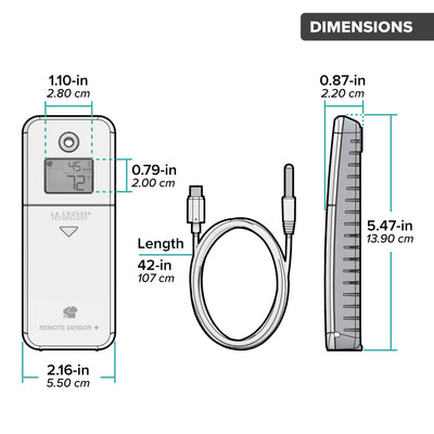 Drawing of an alert and monitoring system temperature probe sensor with ambient temperature and humidity showing a front and side view of the sensor and an arial view of the temperature probe with dimensions in inches and centimeters
