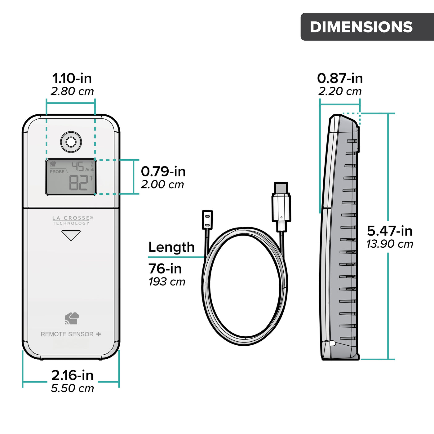 Drawing of an alert and monitoring system area water detection contact sensor with ambient temperature and humidity showing a front and side view of the sensor and an arial view of the water leak cable with dimensions in inches and centimeters