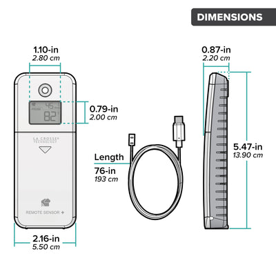 Drawing of an alert and monitoring system area water detection contact sensor with ambient temperature and humidity showing a front and side view of the sensor and an arial view of the water leak cable with dimensions in inches and centimeters