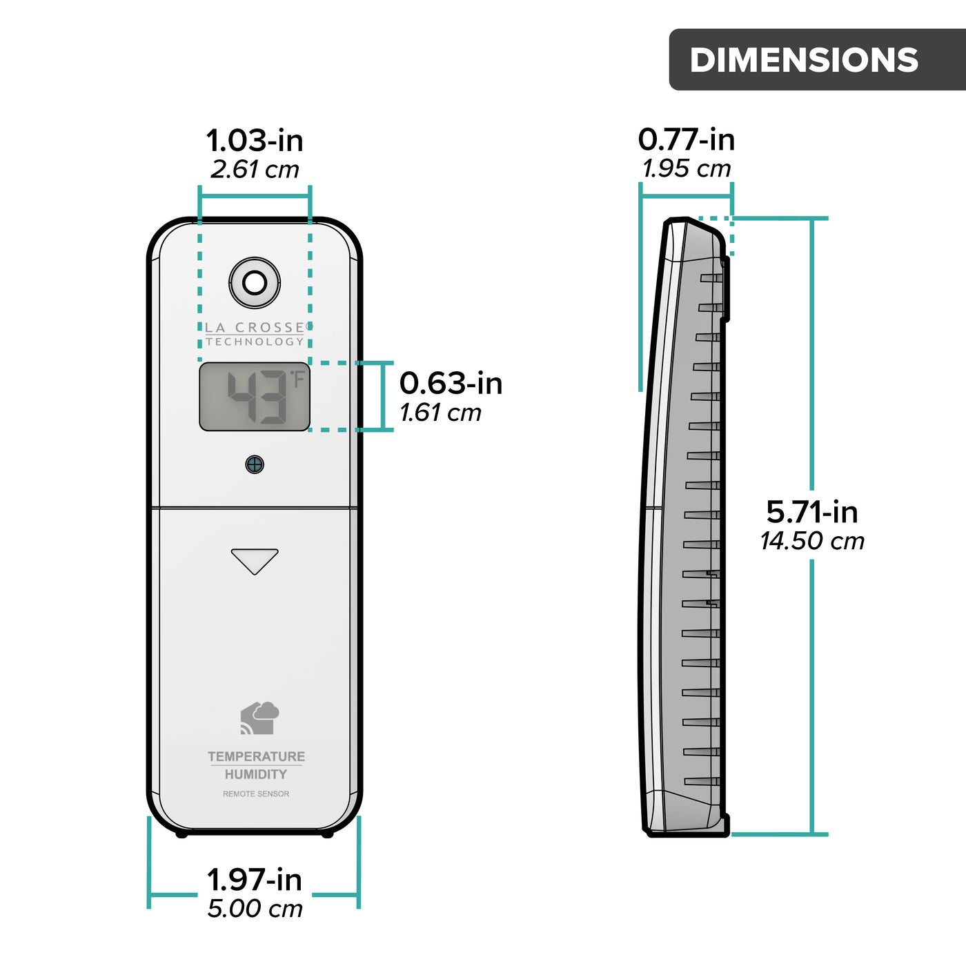 Drawing of an alert and monitoring system temperature and humidity sensor showing a front and side view with dimensions in inches and centimeters