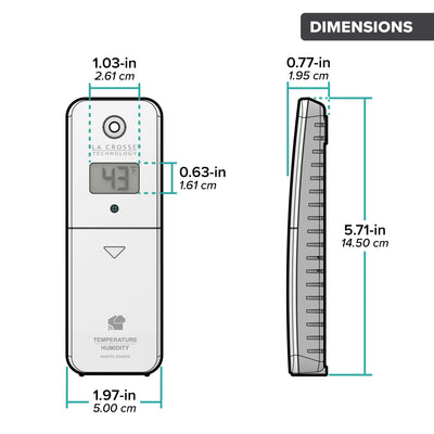 Drawing of an alert and monitoring system temperature and humidity sensor showing a front and side view with dimensions in inches and centimeters