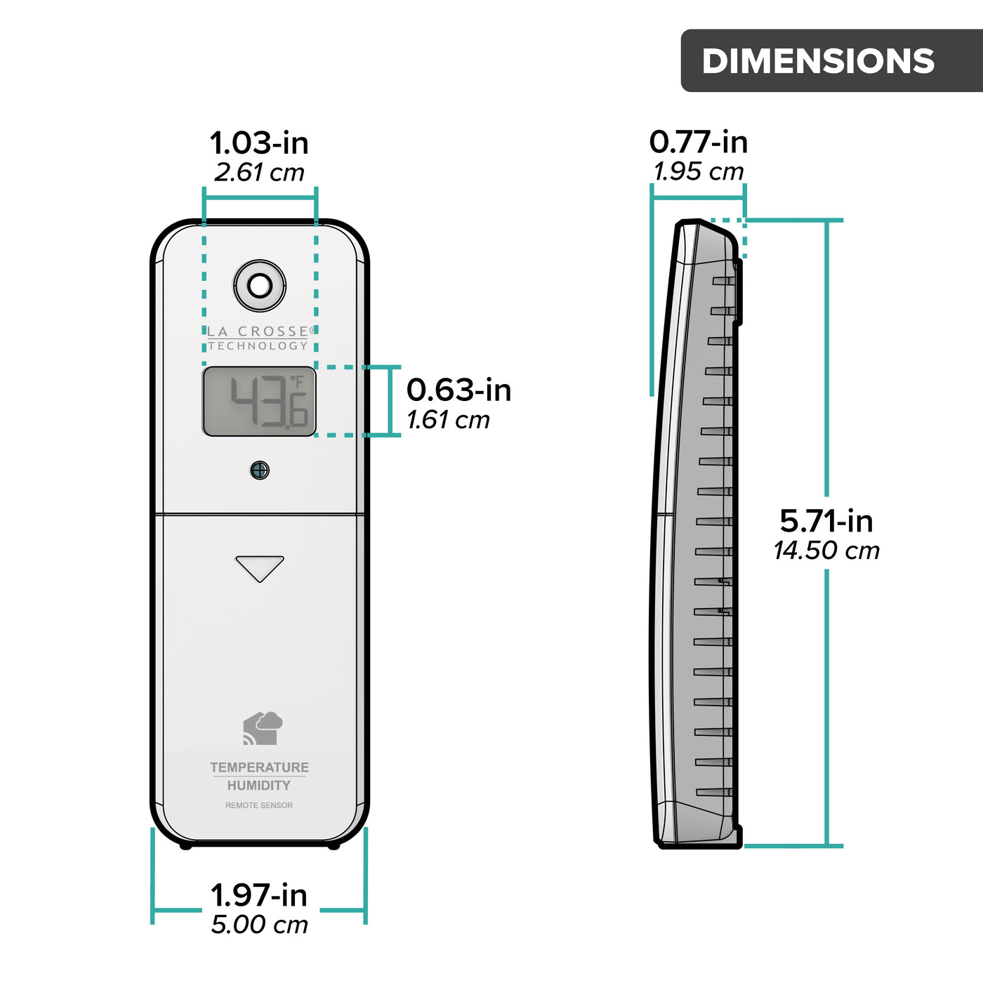 Drawing of an alert and monitoring system temperature and humidity sensor showing a front and side view of the sensor with dimensions in inches and centimeters