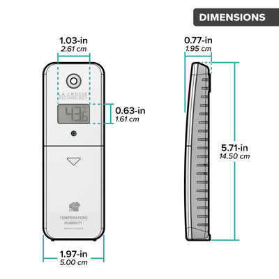 Drawing of an alert and monitoring system temperature and humidity sensor showing a front and side view of the sensor with dimensions in inches and centimeters