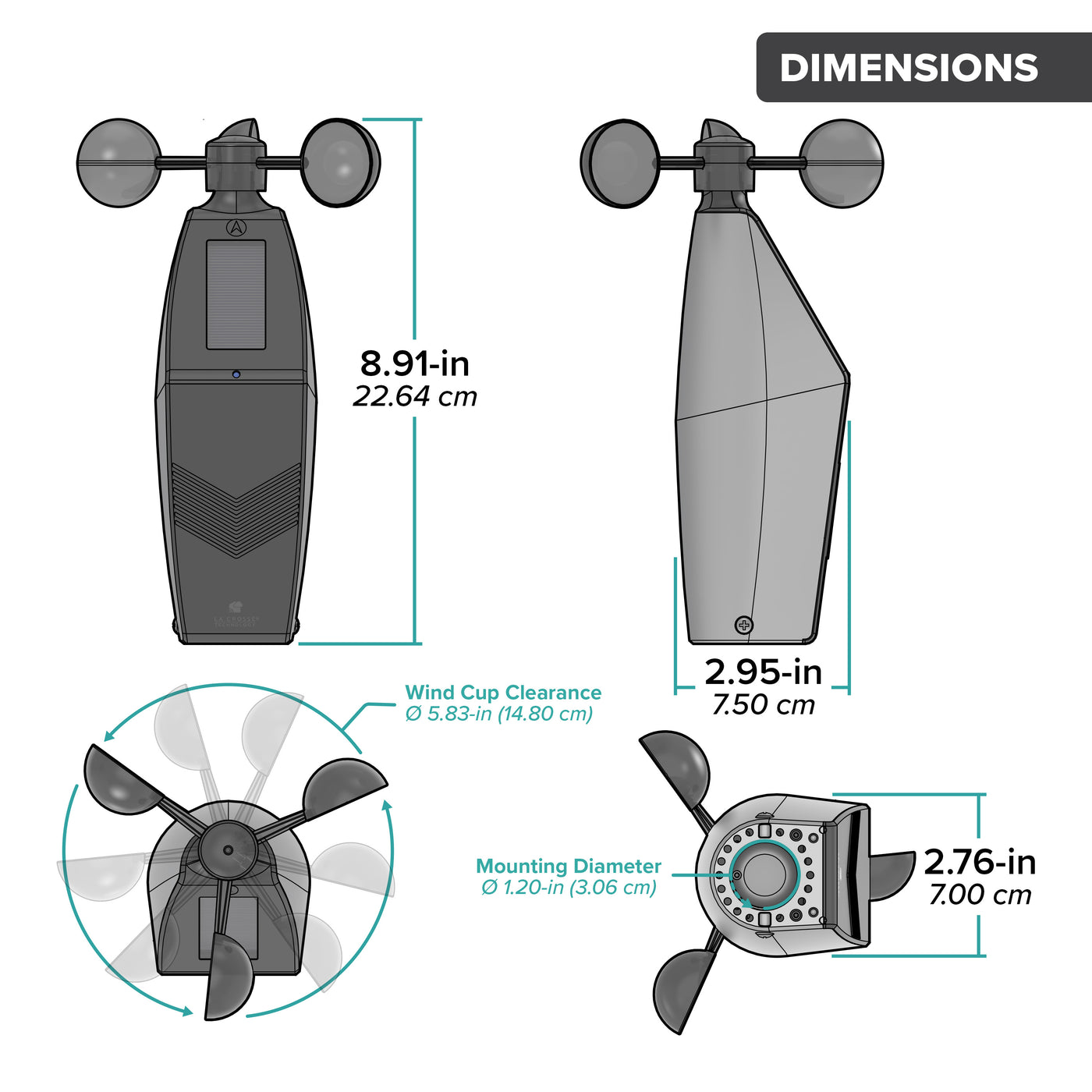 Drawing of an alert and monitoring system wind speed sensor showing a front, side, and bottom view of the sensor and an arial view of wind cups with dimensions in inches and centimeters