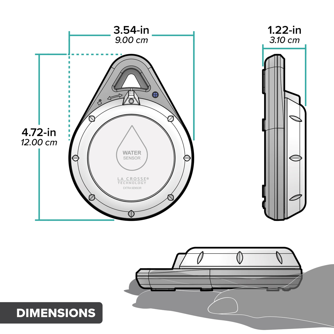 Drawing of an alert and monitoring system spot water leak sensor showing a front, side view, and a hand for scale with dimensions in inches and centimeters