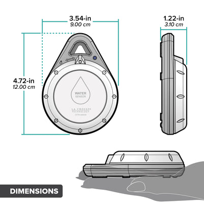 Drawing of an alert and monitoring system spot water leak sensor showing a front, side view, and a hand for scale with dimensions in inches and centimeters