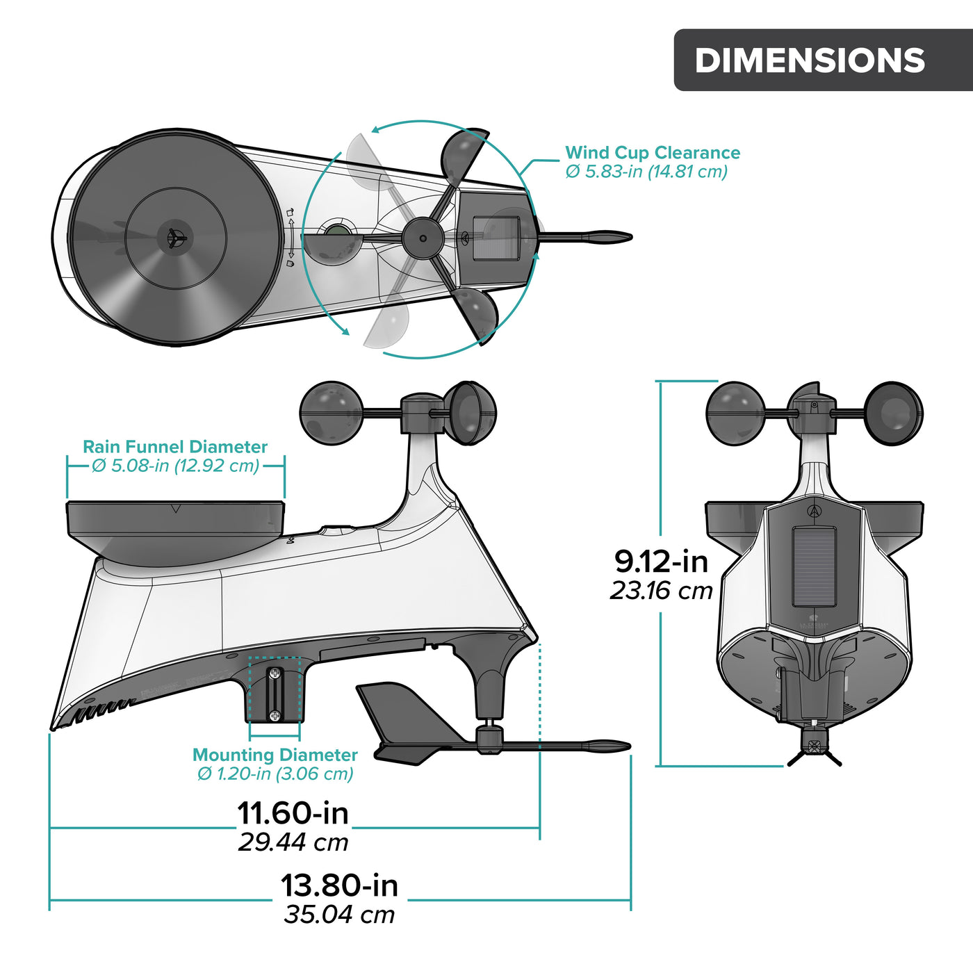 Drawing of an alert and monitoring system wind speed and direction sensor showing a front and side view of the sensor and an arial view of wind cups and rain bucket with dimensions in inches and centimeters