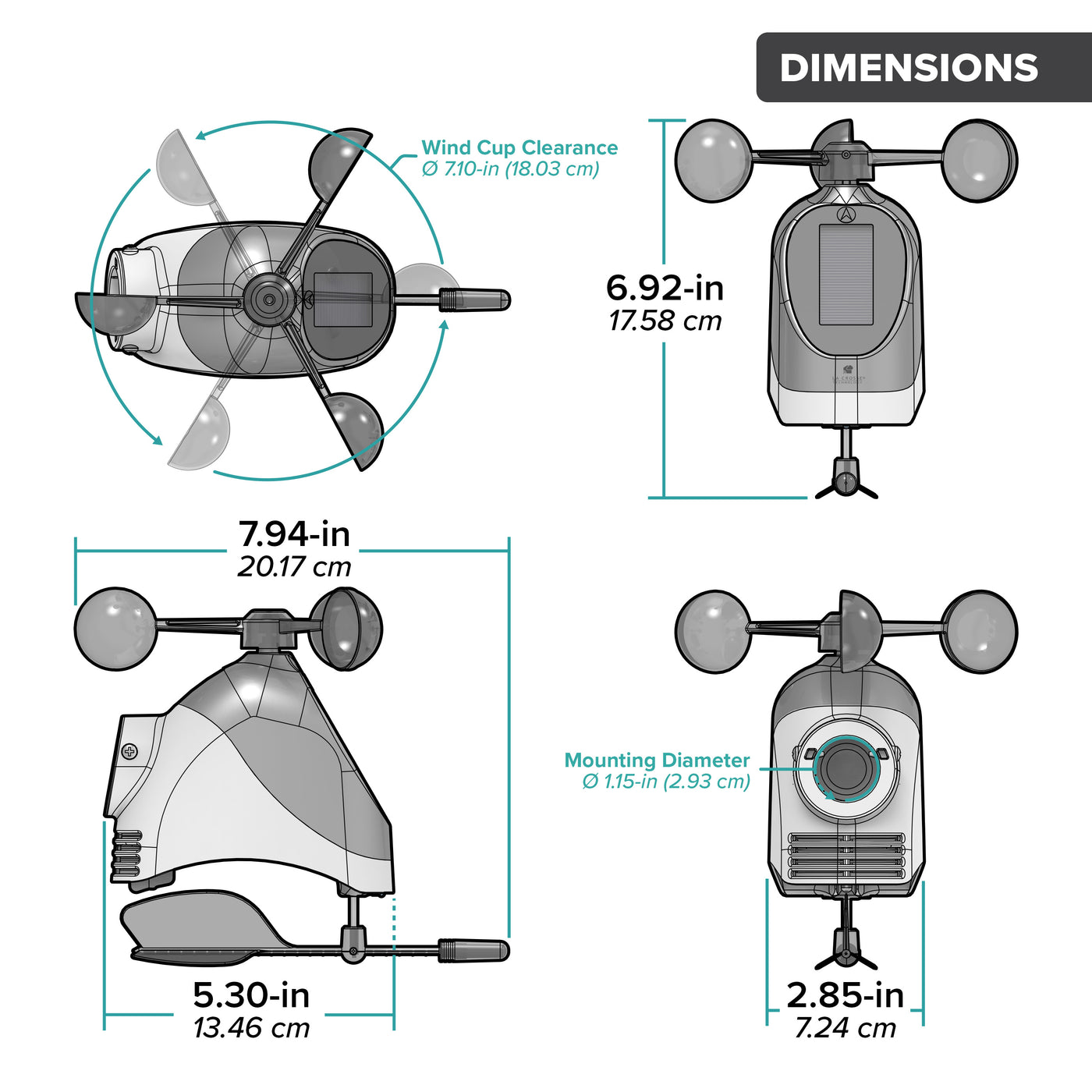 Drawing of an alert and monitoring system wind speed and direction Breeze sensor showing a front, side, and bottom view of the sensor and an arial view of wind cups with dimensions in inches and centimeters