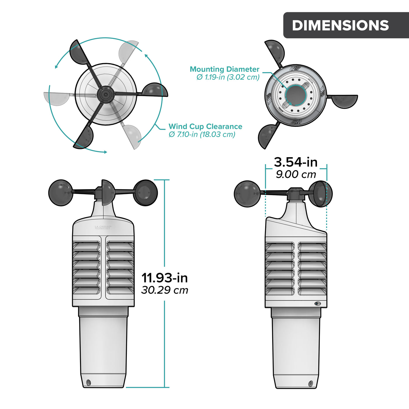 Drawing of an alert and monitoring system wind speed senosr showing a front, side, and bottom view of the sensor and an arial view of wind cups with dimensions in inches and centimeters