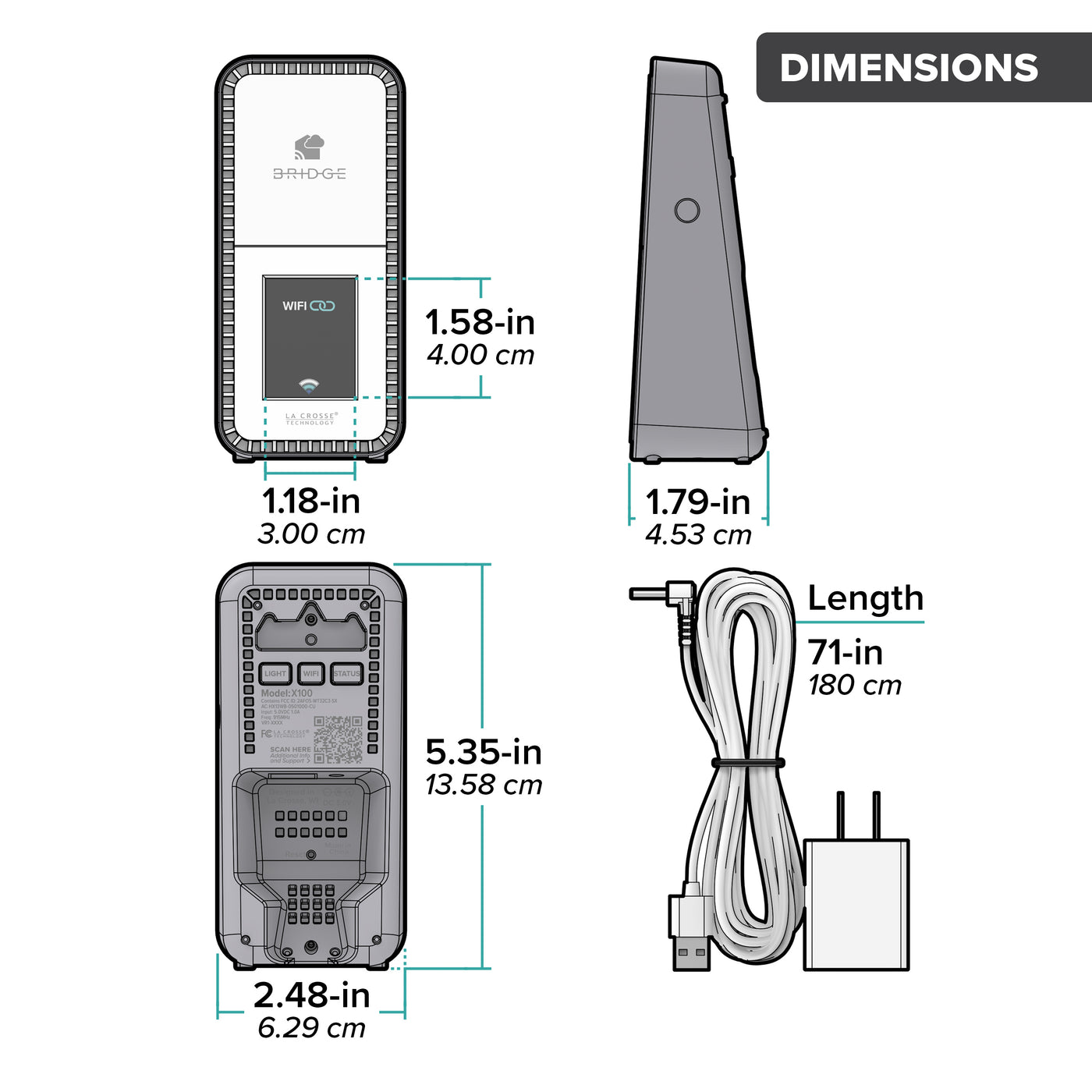Orthographic drawing and dimensions of the La Crosse Technology Alert and Monitoring System Bridge gateway showing a front view a sideview a back view and the cord and power brick with dimensions in inches and centimeters
