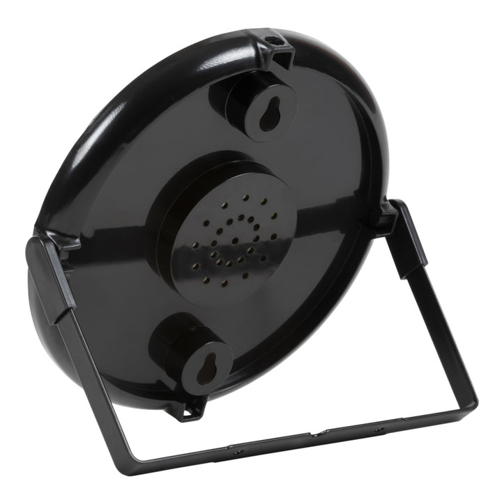 Back image of the 5-inch Dial Thermometer with Bracket, shown utilizing the bracket as a stand, the back of the thermometer also has two built-in keyholes for mounting on a fence or a wall.