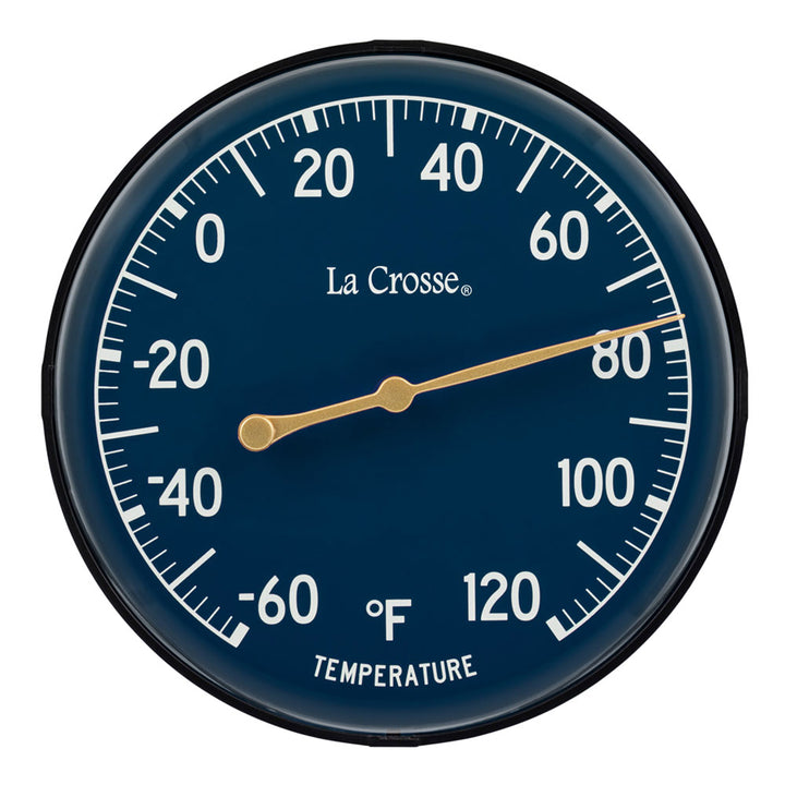Head-on image of the 104-1512E 5-inch Dial Thermometer with Bracket features a navy blue dial with white temperature readings in a Fahrenheit scale from -60 to 120 degrees, with an antique gold pointer