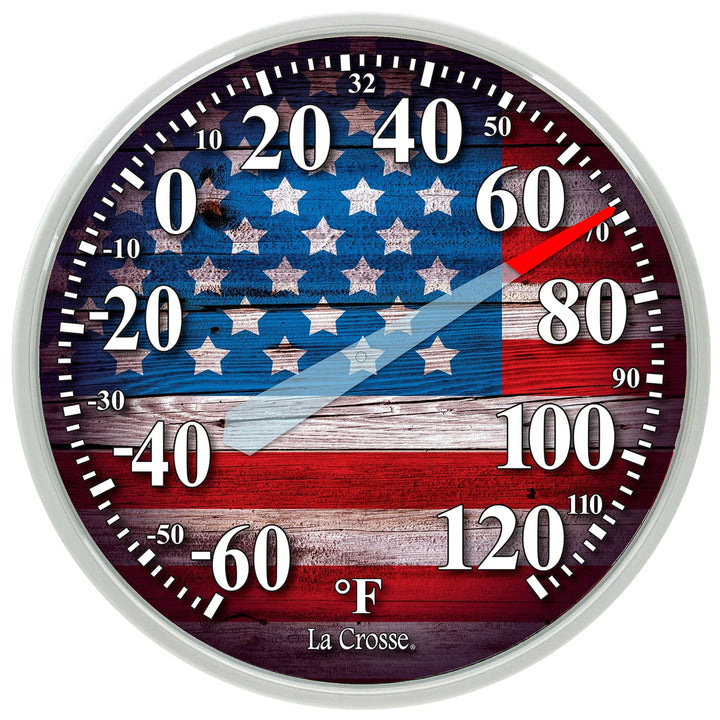 Head-on image of the 104-1534E 13.5-inch Dial Thermometer with key hider - Flag, temperature scale in Fahrenheit -60 to 120 degrees with a red-tipped pointer in a white slimline case
