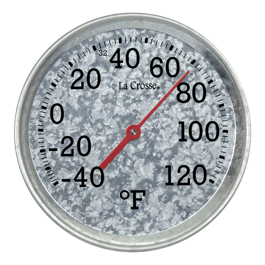 Head-on image of the 104-2822 8-inch Galvanized Dial Thermometer, galvanized metal dial with black number markings and a red pointer with a temperature scale from -40 to 120 degrees Fahrenheit