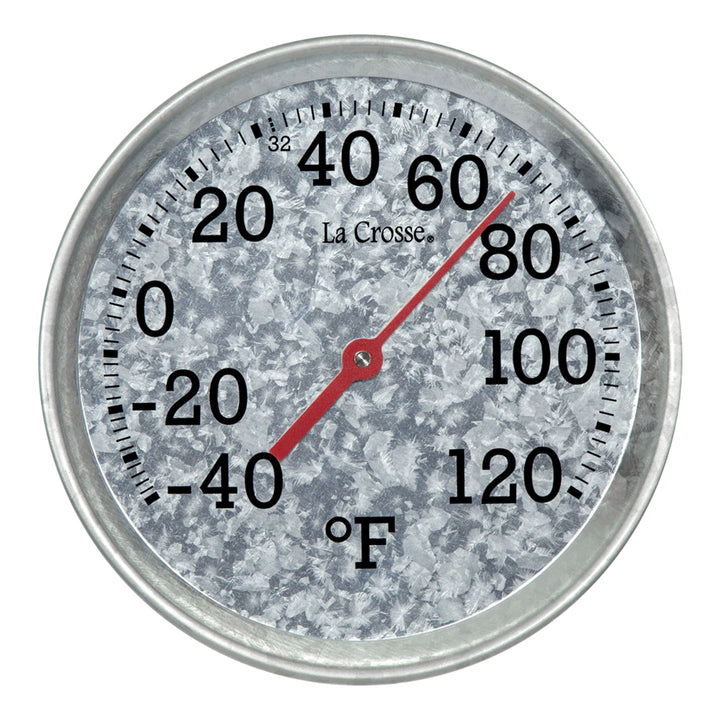 Head-on image of the 104-2822 8-inch Galvanized Dial Thermometer, galvanized metal dial with black number markings and a red pointer with a temperature scale from -40 to 120 degrees Fahrenheit